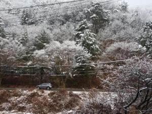 a car driving down a road in the snow at Chiak Moutain Hanok Pension in Wonju