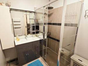 Un baño con ducha, lavabo y espejo. en Charmant gîte en pierre près de Chinon, jardin privatif - FR-1-381-608, en Sazilly 19 fotos más