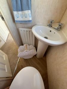 a small bathroom with a toilet and a sink at 8 Berth Caravan on Edwards Park, Towyn in Kinmel Bay