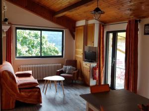 Μια τηλεόραση ή/και κέντρο ψυχαγωγίας στο Gîte paisible avec vue sur montagnes bourbonnaises, animaux acceptés - FR-1-489-470