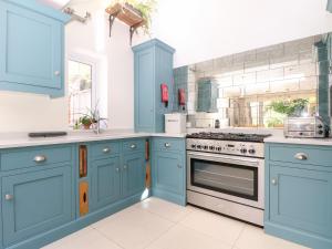 een keuken met blauwe kasten en een fornuis bij Cherry Garden Cottage in Cranbrook