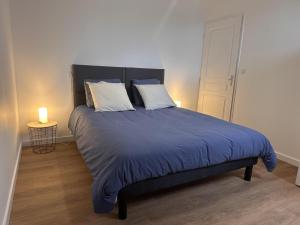a bed with a blue comforter and two pillows at Gîte rural avec animaux, parking et Wifi à Saint Bonnet de Four - FR-1-489-560 in Saint-Bonnet-de-Four