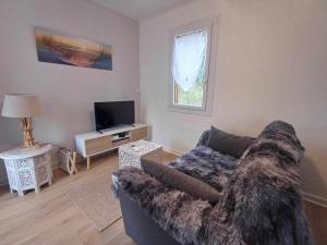 a living room with a couch and a tv at Chalet paisible avec jardin et wifi à Jenzat - FR-1-489-564 in Jenzat