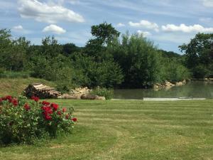 un campo erboso con un lago, fiori e alberi di Gîte rustique avec cheminée, jardin, vélos à dispo, proche châteaux de la Loire et ZooParc de Beauval - FR-1-491-442 a Nourray
