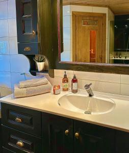 a bathroom with a sink and a mirror at Family-Friendly Mountain Cabin At Haglebu in Eggedal +31 photos