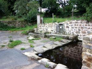 a stone wall with a small pond of water at Maison de charme avec poêle à bois, 3 chambres, salle de jeux, jardin clos et équipements modernes. - FR-1-496-259 in Saint-Nizier-de-Fornas