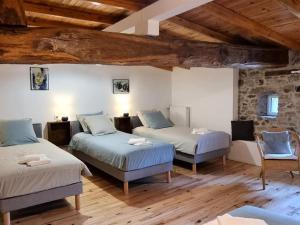 two beds in a room with wooden ceilings at Gîte spacieux 10 pers: Nature, Spa, Confort - FR-1-496-358 in Saint-Denis-sur-Coise