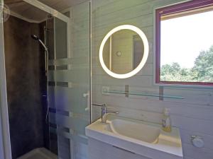 une salle de bain avec un lavabo et un miroir dans l'établissement Roulotte du Chat qui Pète: Séjour Paisible et Animaux Bienvenus - FR-1-496-308, à Saint-Germain-Lespinasse