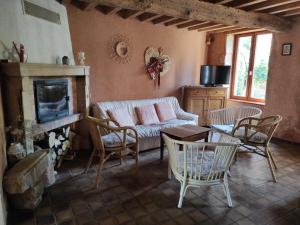 a living room with a couch and chairs and a fireplace at Gîte spacieux à Renaison avec cheminée, jardin et équipements enfants - FR-1-496-257 in Renaison