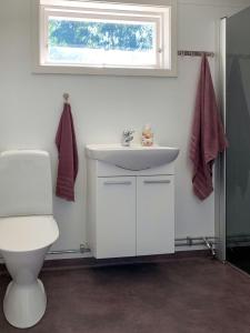 ein Badezimmer mit einem weißen Waschbecken und einer Toilette in der Unterkunft Family-Friendly Cottage Near The Sea In Ugglarp in Heberg