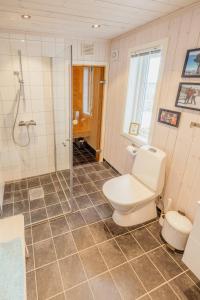a bathroom with a toilet and a shower at Modern Family Cabin Near Jotunheimen in Skåbu +29 photos