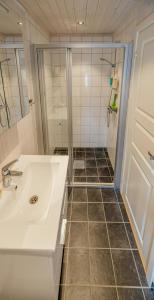 a bathroom with a sink and a shower at Modern Family Cabin Near Jotunheimen in Skåbu