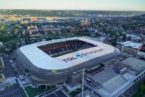an aerial view of a soccer stadium with a building at Lush Hideaway with HotTub & Pool 6 mins kings Island in Mason