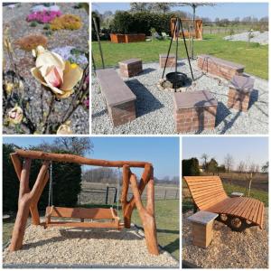 a collage of four pictures with a swing and a bench at Wohnung Schlafen im Fass mit Sonnenuntergang Blick in Komptendorf