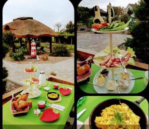 a collage of four pictures of food on a table at Wohnung Schlafen im Fass mit Sonnenuntergang Blick in Komptendorf