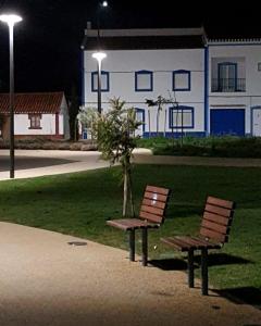 two benches with a tree in a park at night at T2 Res Chao Jardim in Vila Nova de Milfontes