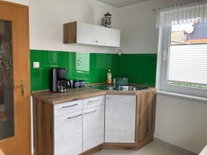 a kitchen with a sink and a green wall at Ferienhaus Pusteblume in Halberstadt
