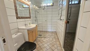 a bathroom with a sink and a toilet and a mirror at Large house with sauna, playground and close to the beach in Svanesund in Svanesund +27 photos