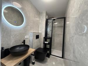 a bathroom with a black sink and a mirror at Vily Pod Vyhlídkou in Velké Losiny +44 photos