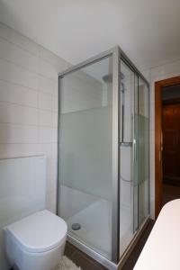 a bathroom with a glass shower and a toilet at Appartement Veisivis 74 - Tout confort avec piscine in La Forclaz +6 photos