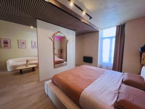 a bedroom with a large bed and a mirror at Harmony Room Suite avec Balnéo in Angers