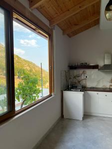 a kitchen with a large window with a view at Leone Guesthouses in Borsh