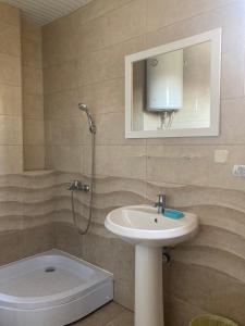 Un baño con lavabo y ducha en Amelia Accommodation Pestani Ohrid, en Ohrid