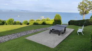 a table and a chair in a park with the water at Appartamento San Sivino in Moniga