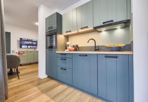 a kitchen with blue cabinets and a sink at Northside I - Evergreen in Cuxhaven