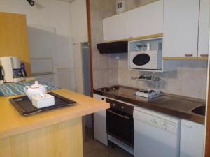 une petite cuisine avec une cuisinière et un micro-ondes dans l'établissement STUDIO 5 personnes N7 LUZ SAINT SAUVEUR draps et serviettes fournis, à Luz-Saint-Sauveur 11 autres photos