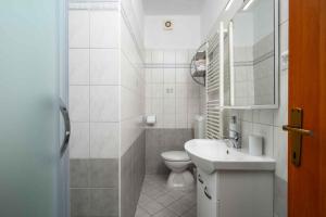 a white bathroom with a toilet and a sink at Apartment Drenje 3 in Drenje +37 photos