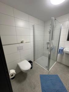 a white bathroom with a shower and a toilet at AN-Living Apartments in Emsbüren +23 photos