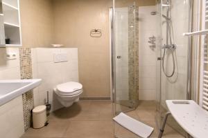a bathroom with a toilet and a glass shower at Sophie -203- in Mittenwald