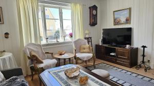a living room with a couch and a tv at West Coast house 50m from the harbor in Edshultshall in Hälleviksstrand
