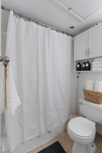 ein Badezimmer mit einem weißen Duschvorhang und einem WC in der Unterkunft Spacious 1 Br Apt Next 2 Dwntown in Austin + 16 Fotos