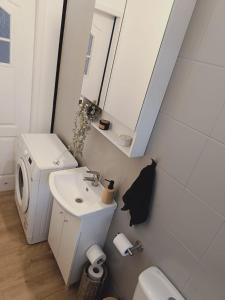 a bathroom with a sink and a toilet and a mirror at Pod orzechem in Osieki