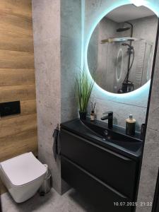 a bathroom with a black sink and a mirror at Apartments Poznań City LOFT in Poznań