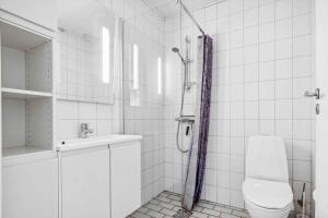 a bathroom with a shower and a toilet and a sink at Lovely Holiday Apartment Consumption Included in Allinge