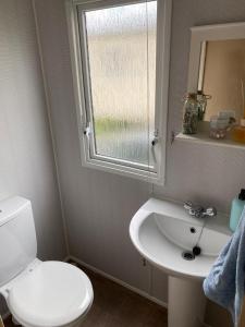 a bathroom with a toilet and a sink and a window at The Retreat Palm - Lido Beach in Prestatyn +8 photos