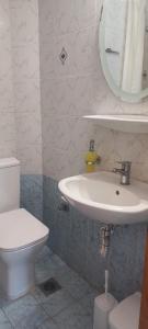 a bathroom with a sink and a toilet and a mirror at House Maria Manolaki, 1st Floor Studios in Vourvourou +91 photos