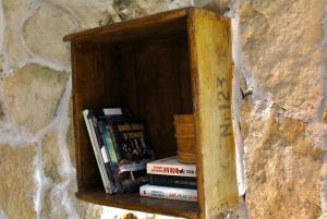 a book shelf with books in a stone wall at Conăcel între Vulcani 