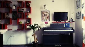 a living room with a piano and a television at Apartment The Royal Square in Cetinje