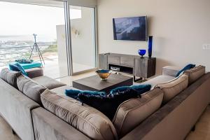 卡波圣卢卡斯Cascadas del Pedregal的客厅配有棕色沙发和电视