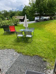 Una mesa de picnic con dos sillas y un árbol en el césped. en Studio vallée de Chamonix, en Les Houches