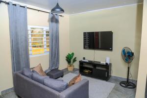 a living room with a couch and a tv at Forest Views Haven - Flat 2 in Solwezi