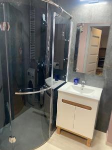 a bathroom with a shower and a sink and a mirror at Apartament Torun Jar in Toruń