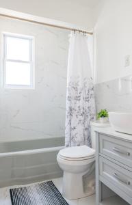 a bathroom with a toilet and a shower curtain at Cozy Home, 23 min from NYC, Home Theater in Lodi