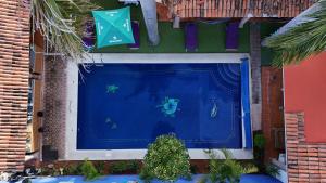 a large blue swimming pool in a building at Hotel Casa ixtapan in Ixtapan de la Sal