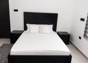 a bedroom with a large bed with two pillows at The Kottage Studio Apartment A in Accra