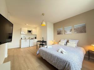 a bedroom with a large bed and a kitchen at Studio Mars NEW & Cozy - Parilly Train Station in Vénissieux